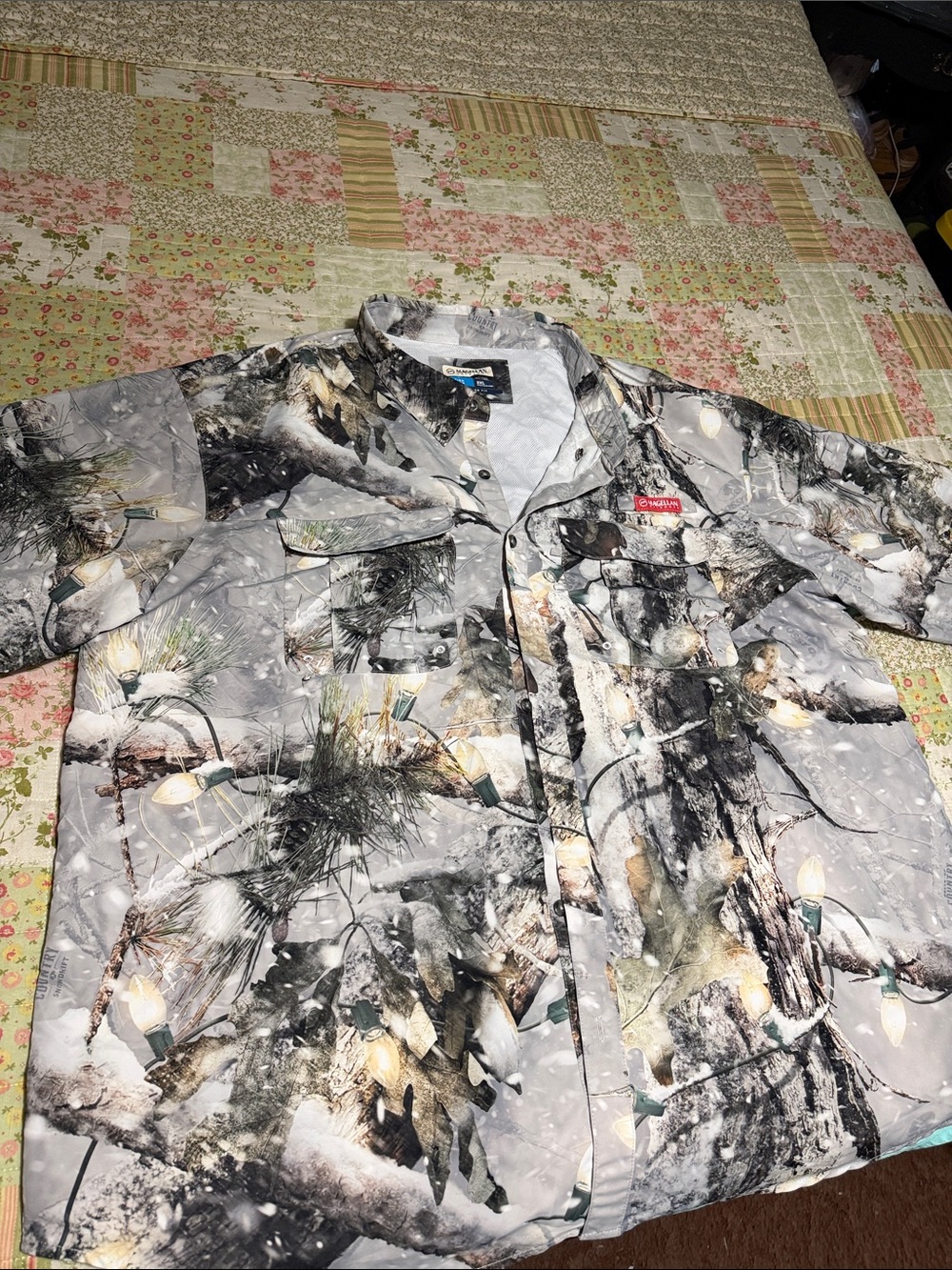 Gray Winter Camo Button-Up Fishing Shirt